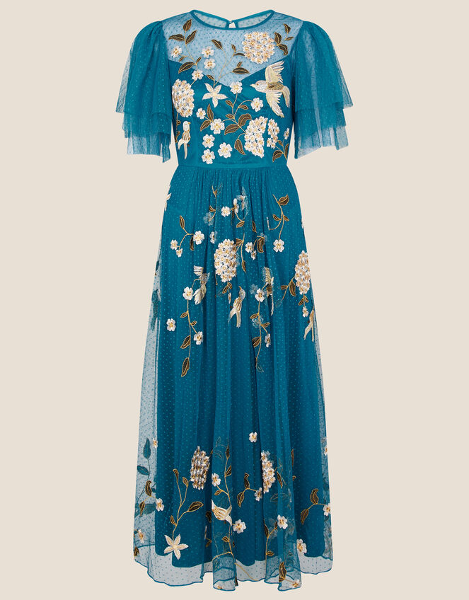 Bailee Embroidered Bird Dress, Blue (AQUA), large