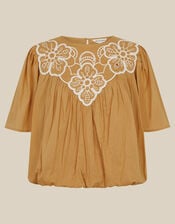 Delta Embroidered Bubble Hem Top, Camel (CAMEL), large