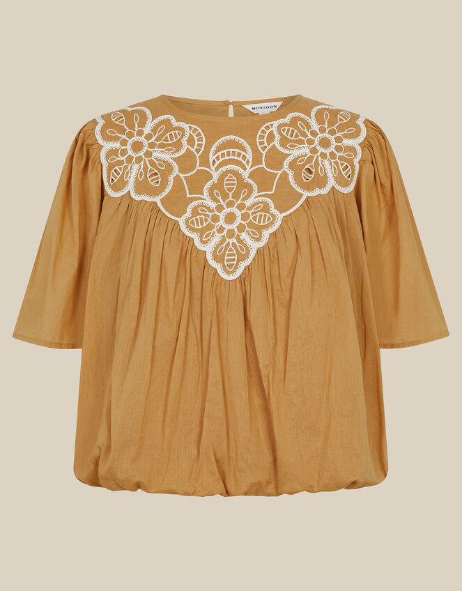 Delta Embroidered Bubble Hem Top, Camel (CAMEL), large