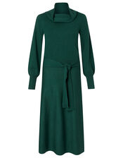 Cowl Neck Belted Knit Dress, Teal (TEAL), large