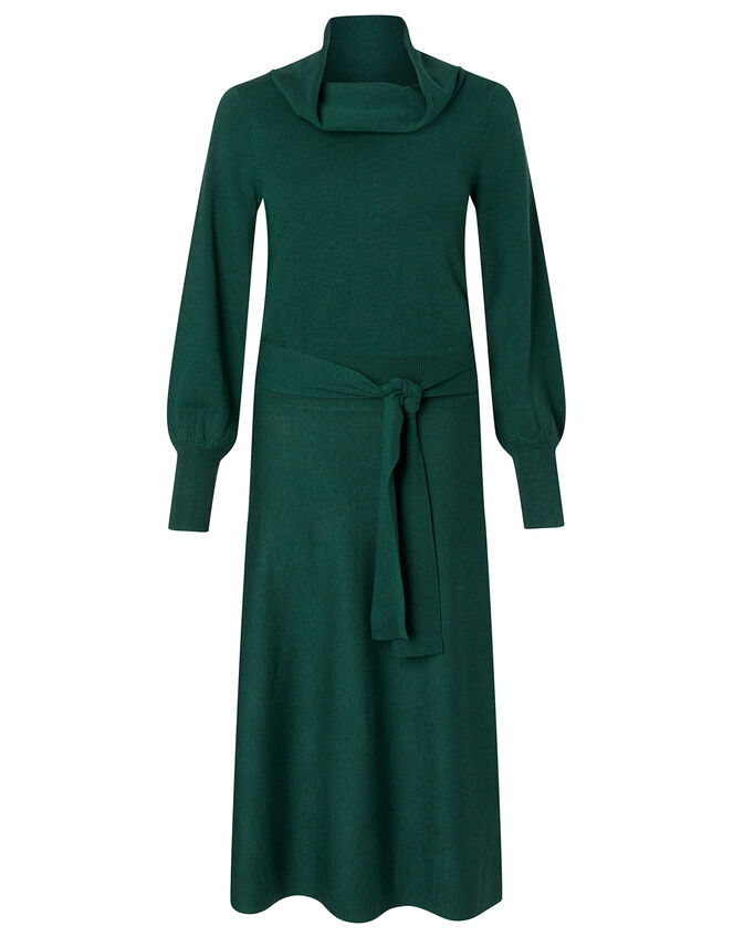 Cowl Neck Belted Knit Dress, Teal (TEAL), large