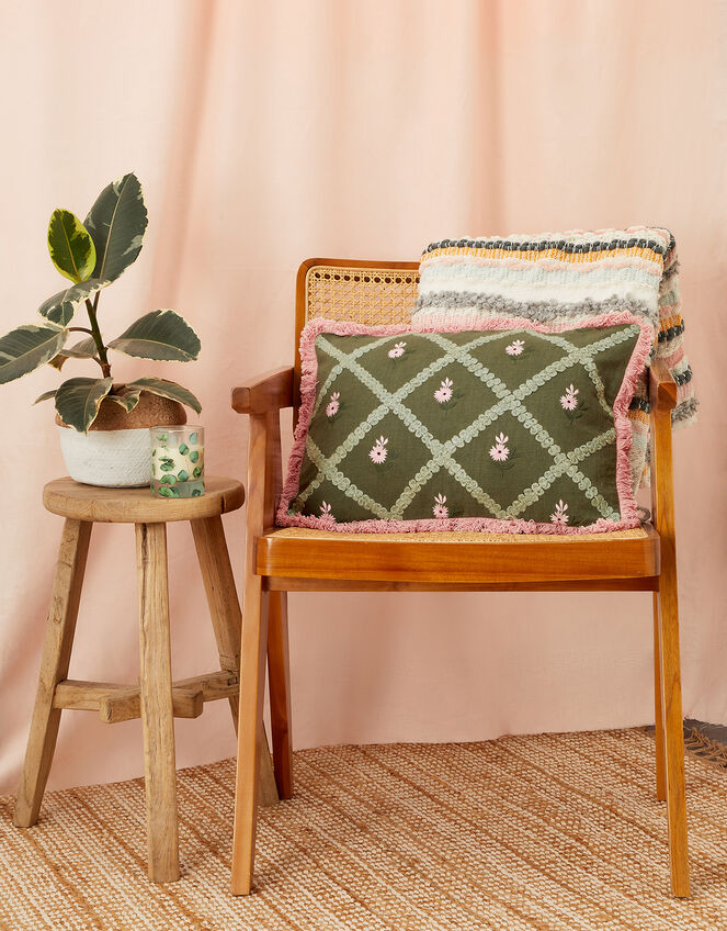 Fringe Floral Embroidered Cushion, , large