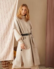 Plain Split Neck Dress, Camel (OATMEAL), large