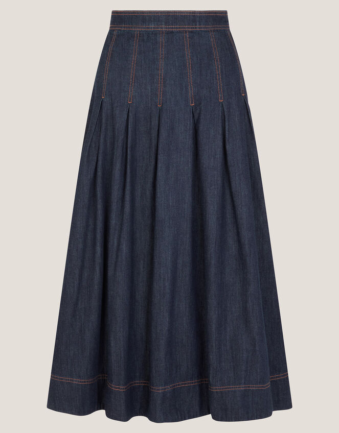 Darcie Pleated Denim Midi Skirt, Blue (INDIGO), large