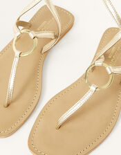 Ring Metallic Leather Strap Sandals, Gold (GOLD), large