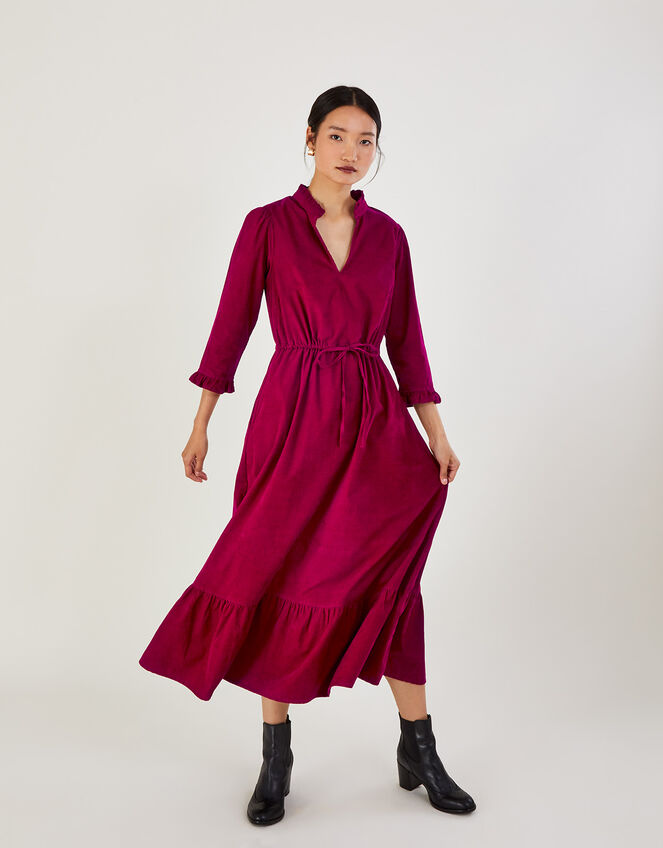 Cord Collared Tiered Dress in Sustainable Cotton, Pink (PINK), large