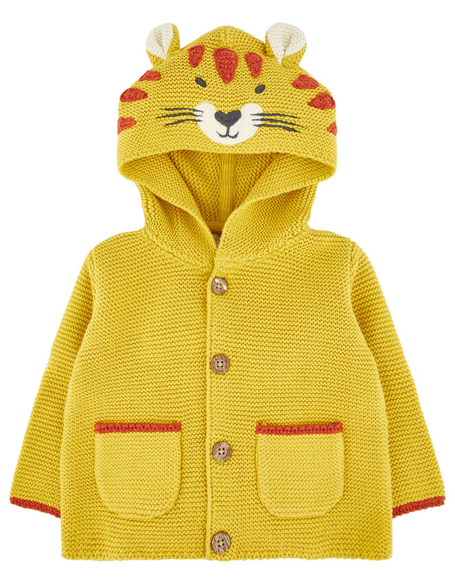 Newborn Baby Lion Cardigan in Knitted Cotton, Yellow (MUSTARD), large