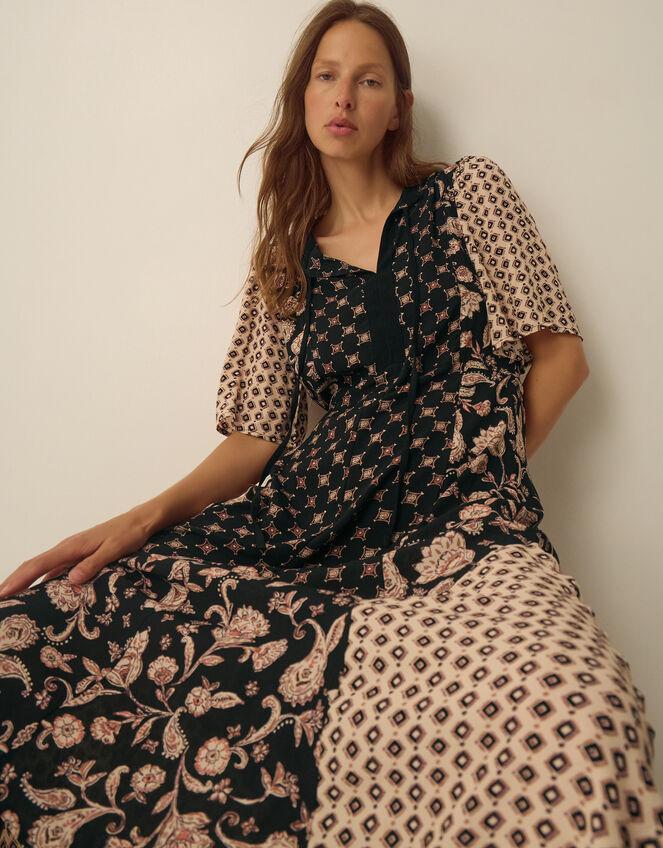 Raquel Patchwork Floral Print Midi Dress, Black (BLACK), large