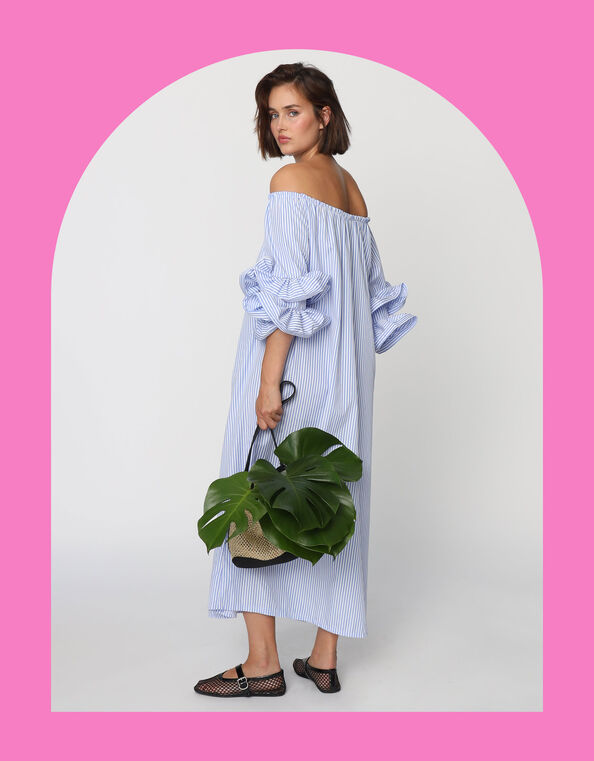 Crās Ita Off-The-Shoulder Stripe Midi Dress, Blue (BLUE), large