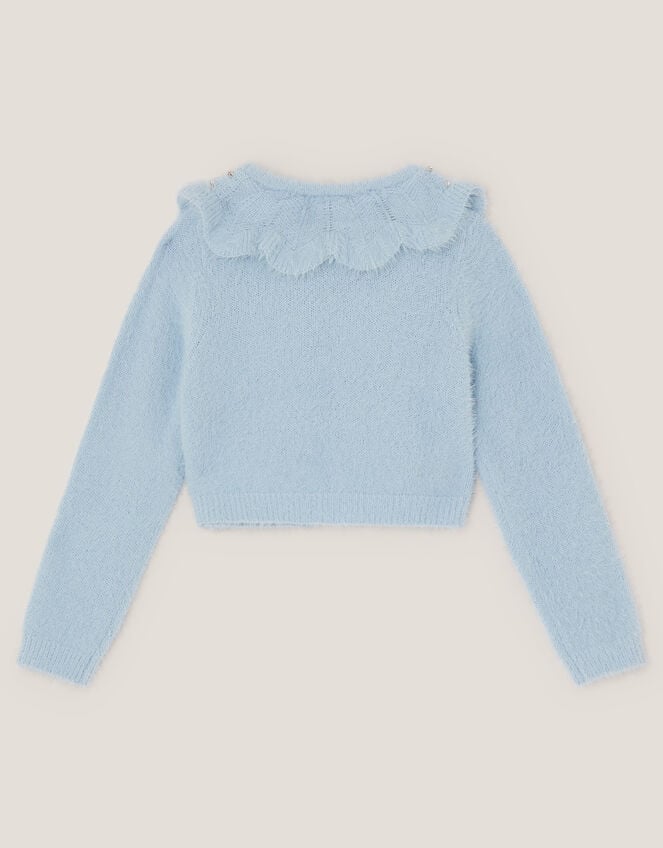 Embellished Collar Fuzzy Cardigan, Blue (BLUE), large