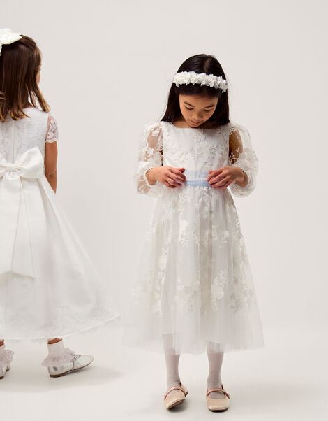 Beatrice Floral Embroidered Tulle Dress, Ivory (IVORY), large