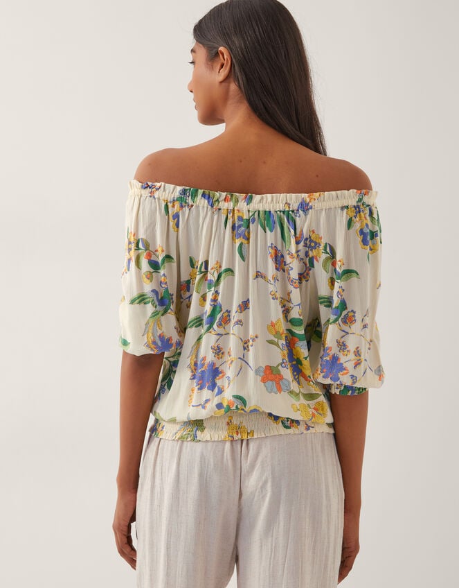Kaia Floral Print Bardot Top, Ivory (IVORY), large