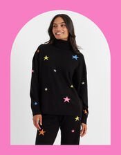 Chinti & Parker Wool Star Roll Neck Jumper, Black (BLACK), large