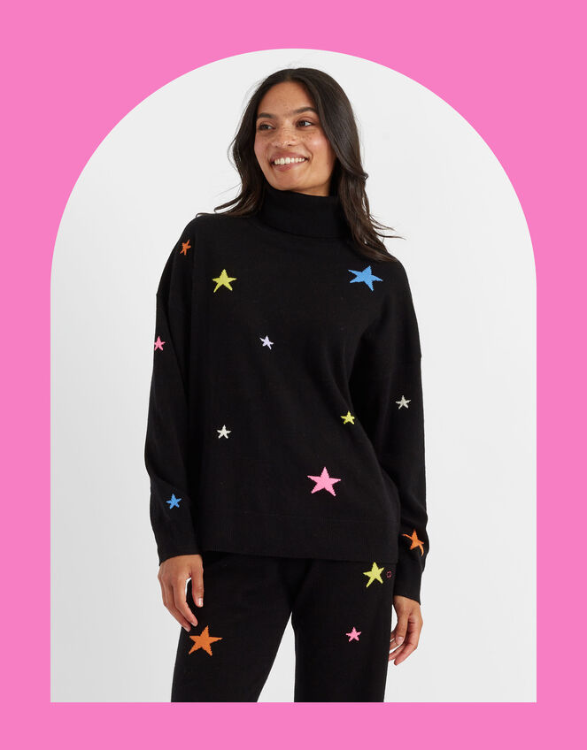 Chinti & Parker Wool Star Roll Neck Jumper, Black (BLACK), large