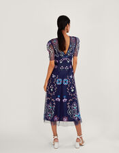 Leor Embroidered Midi Dress in Recycled Polyester, Blue (NAVY), large