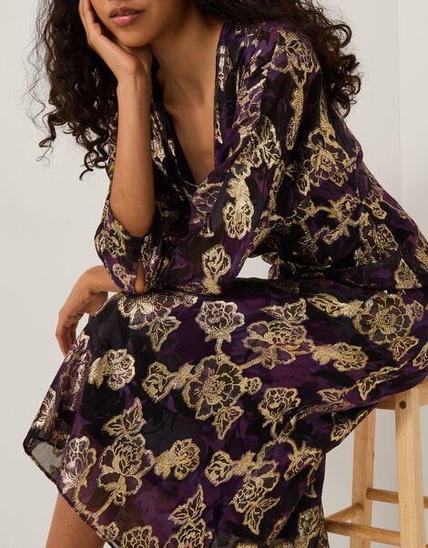 Georgie Metallic Floral Midi Dress, Purple (PURPLE), large
