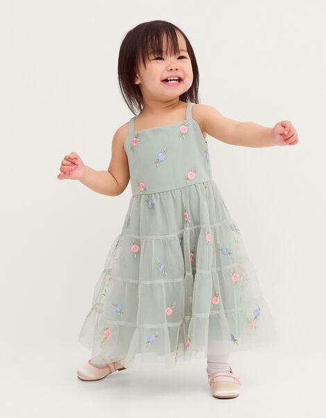Baby Luna Floral Embroidered Mesh Dress, Green (SAGE), large
