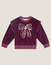 Bow Embellished Velour Sweatshirt, Brown (BROWN), large