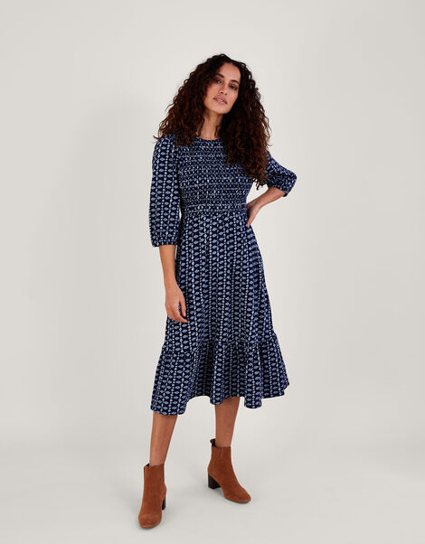 Geometric Print Tiered Shirred Jersey Dress, Blue (NAVY), large