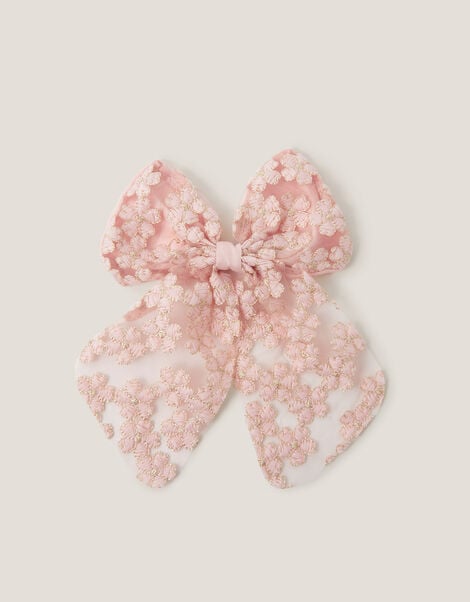Floral Embroidered Bow Hair Clip, , large