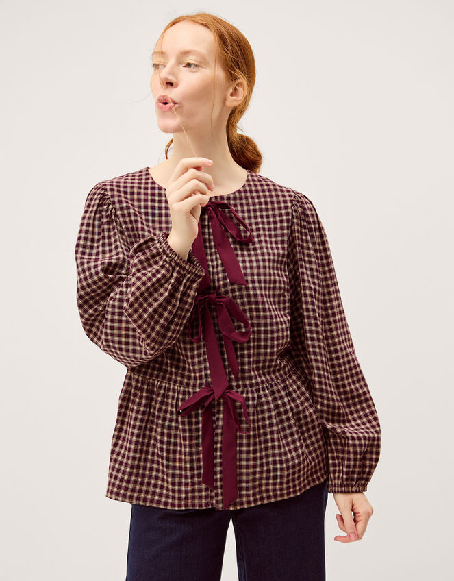Agatha Check Tie Front Blouse, Red (CHERRY), large