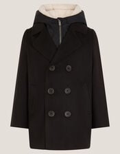 Zip Through Hooded Peacoat, Black (BLACK), large