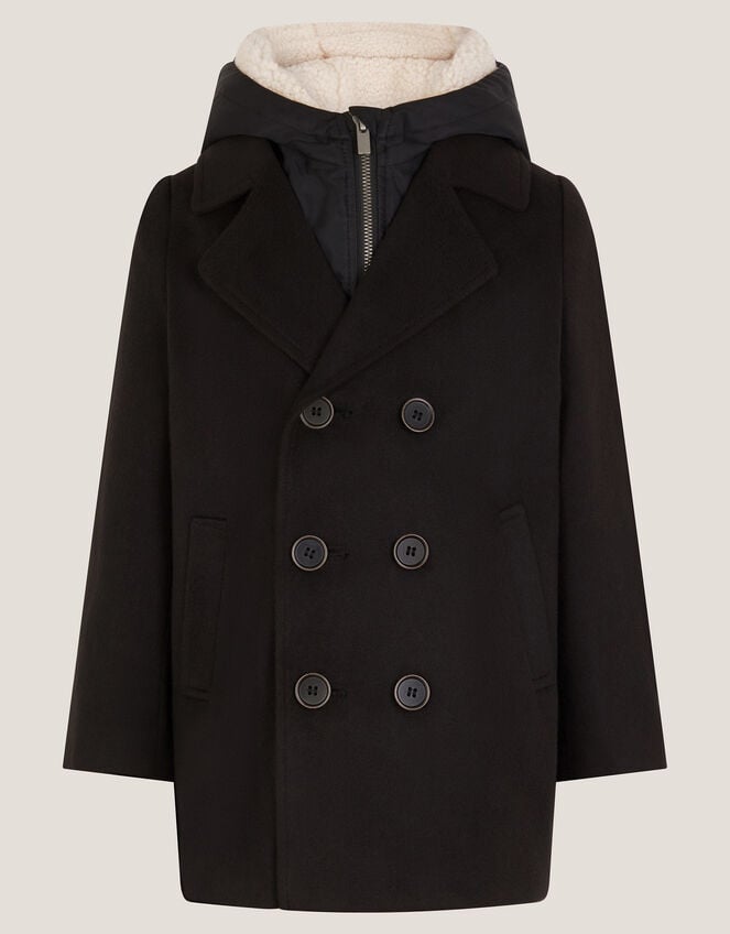 Zip Through Hooded Peacoat, Black (BLACK), large