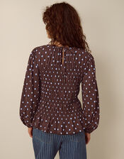 Shae Smocked Polka Dot Jersey Top, Brown (CHOCOLATE), large