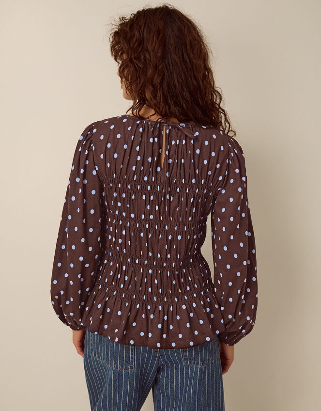 Shae Smocked Polka Dot Jersey Top, Brown (CHOCOLATE), large