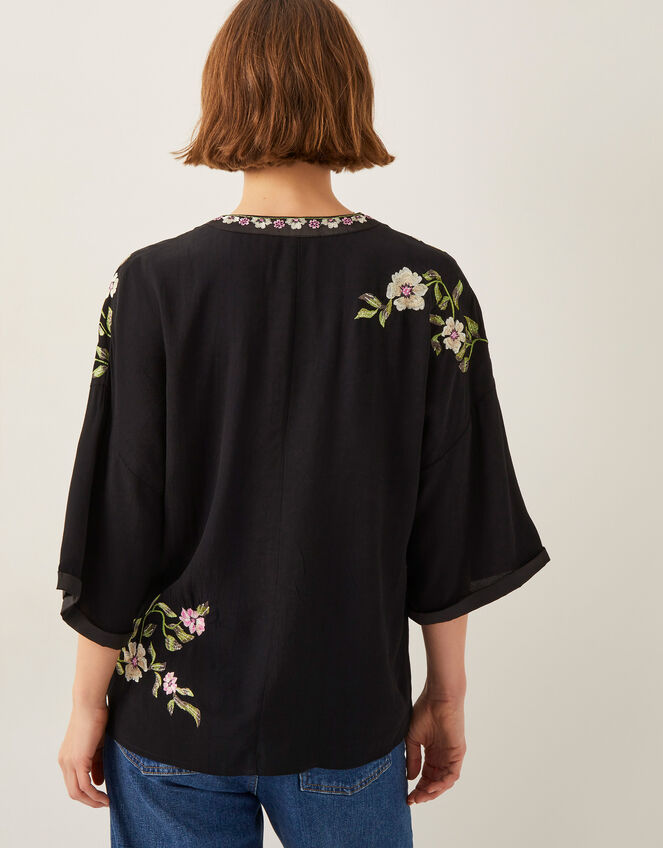 Alison V-Neck Floral Embroidered Top, Black (BLACK), large