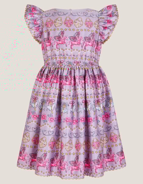 Magical Unicorn Print Satin Dress, Purple (PURPLE), large