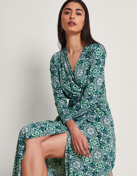 Kit Print Wrap Dress, Green (GREEN), large