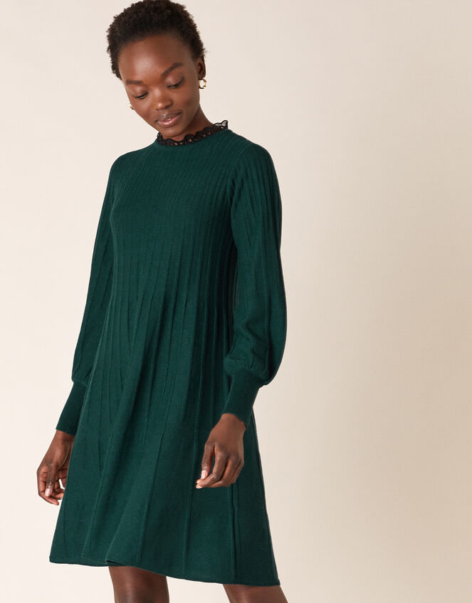 Woven Neckline Knit Dress, Green (DARK GREEN), large