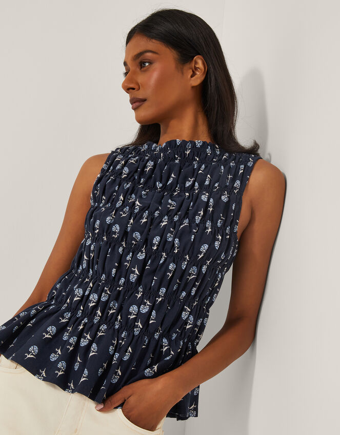 Denis Sleeveless Smocked Floral Top, Blue (NAVY), large