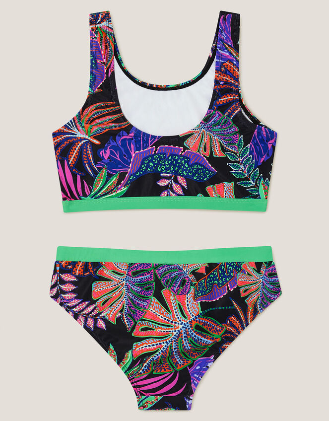 Tropical Print Bralette Bikini Set, Black (BLACK), large
