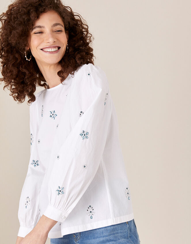 Nylah Gem Blouse in Pure Cotton, Ivory (IVORY), large