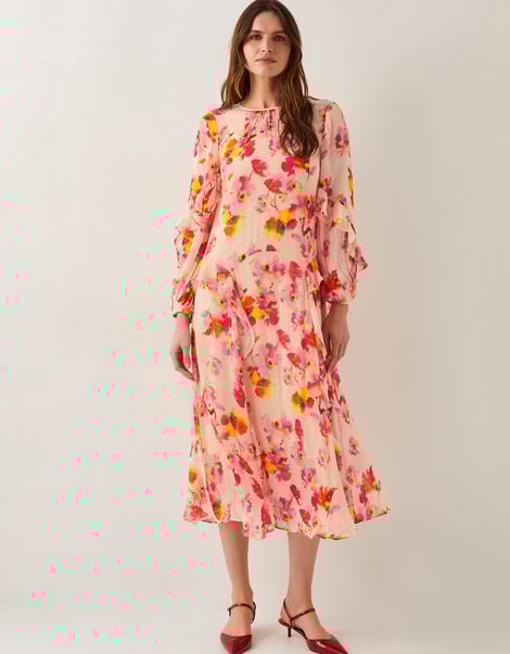 Vanna Frill Floral Print Midi Dress, Ivory (IVORY), large