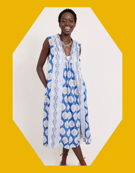 East Sleeveless Print Dress, Blue (BLUE), large