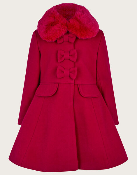 Triple Bow Skirted Coat with Faux Fur Collar  Red, Red (RED), large