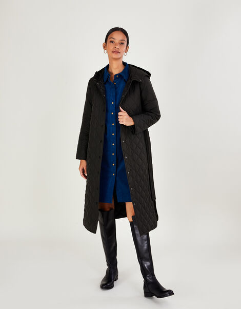 Quinn Quilted Hooded Longline Coat in Recycled Polyester Black, Black (BLACK), large