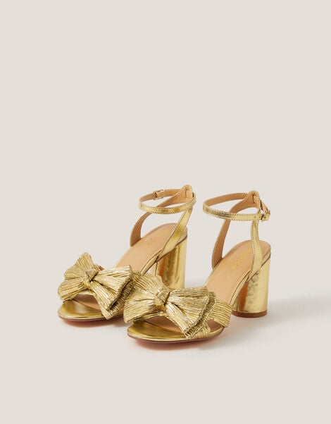 Metallic Bow Block Heel Sandals, Gold (GOLD), large