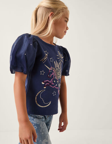 Unicorn Embellished Puff Sleeve T-Shirt, Blue (NAVY), large