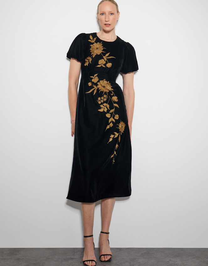Kendra Embroidered Floral Velvet Midi Dress, Black (BLACK), large