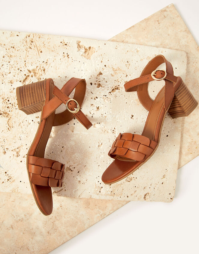 Woven Leather Block Heels, Tan (TAN), large