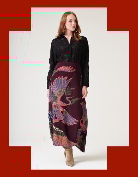 One Hundred Stars Crane Print Midi Skirt, Purple (PLUM), large