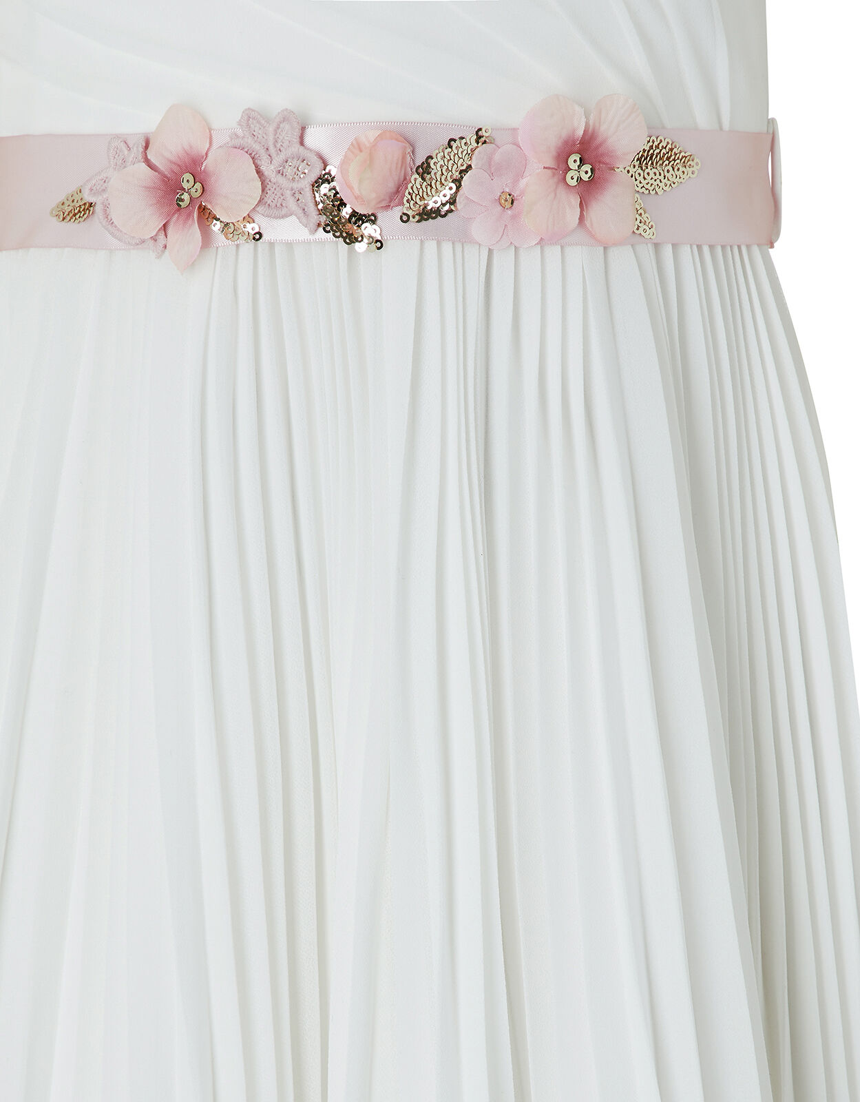 Marbella Pleated Maxi Dress with Floral Belt Ivory