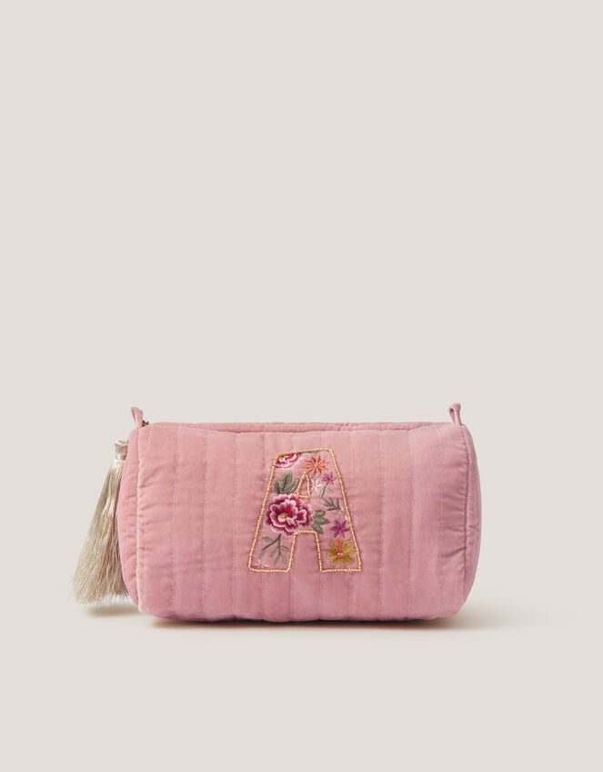 Floral Initial Quilted Beauty Bag, Pink (PINK), large