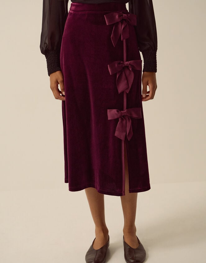 Buffy Bow Velvet Midi Skirt, Red (BURGUNDY), large