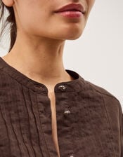 Clo Pintuck Linen Shirt, DARK BROWN, large