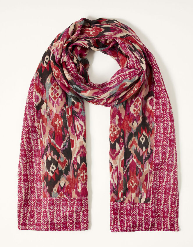Ikat Printed Border Lightweight Scarf, , large